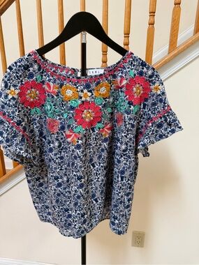 THML Navy Floral Embroidered Peasant Top with Pink, Yellow & Green Accents